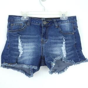 Rock & Roll Classic Blue Jean Denim Cutoff Shorts, Distressed, Raw Hem, Medium